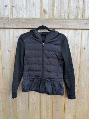 BCBGMaxAzria Black Quilted Hooded Jacket with Knit Sleeves